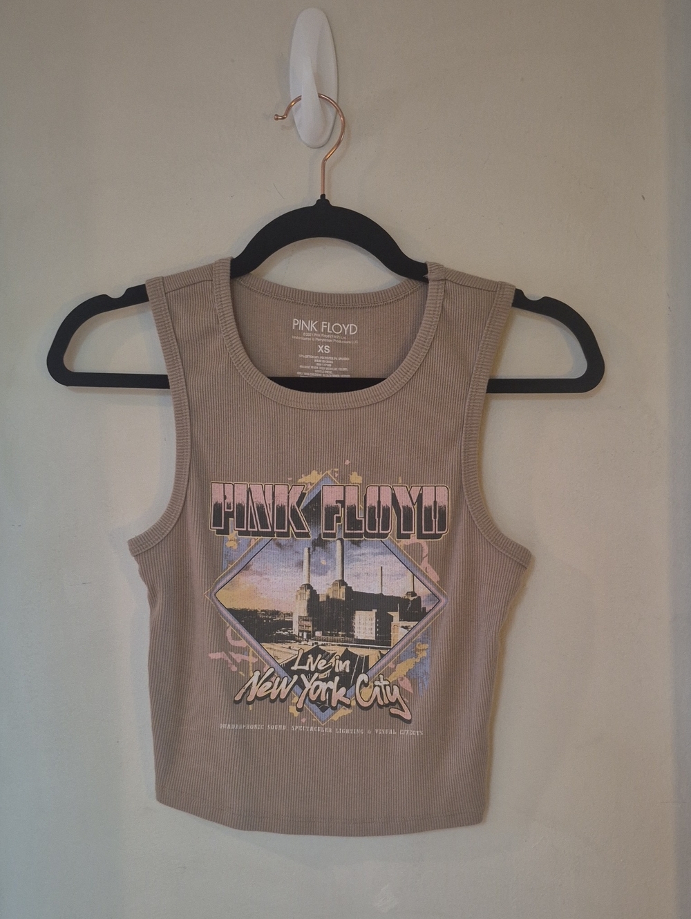 Pink Floyd Taupe Ribbed Graphic Tank Top with Pink Print